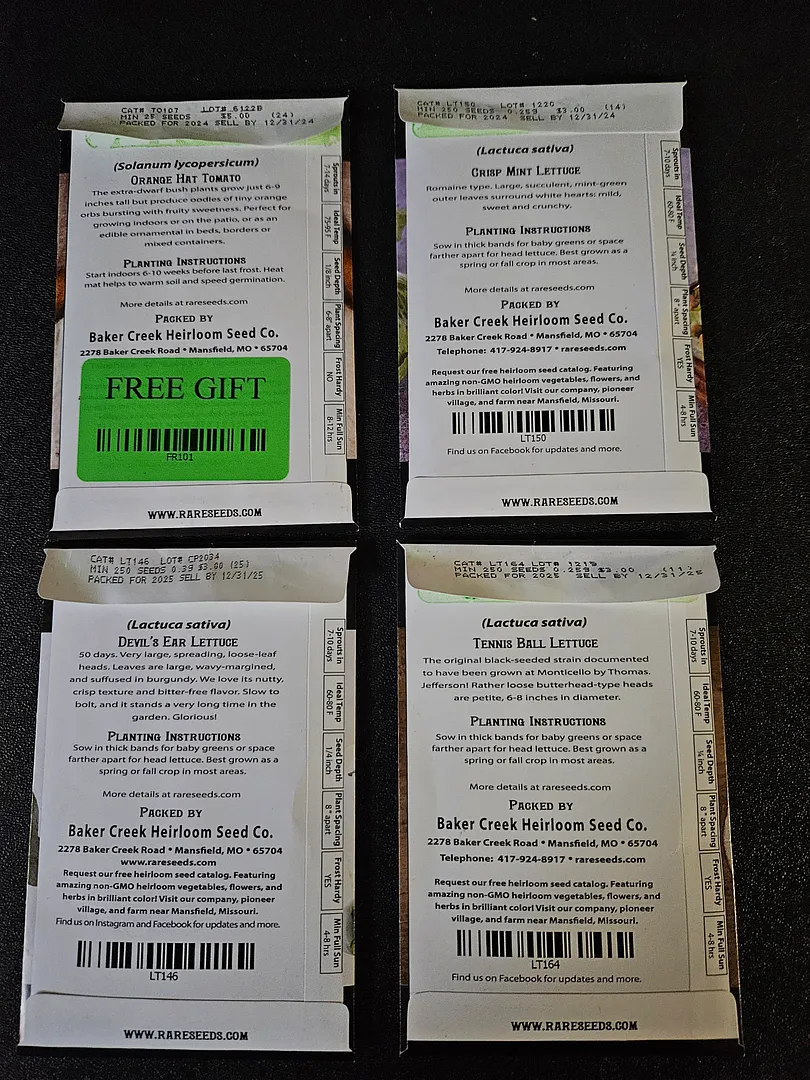 Update #1: Here are the seed packets from the new-to-me lettuces and superdwarf tomato that were planted 5 days ago (8/21/2…